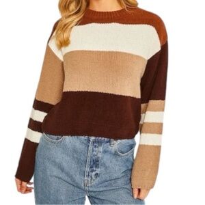 Love Tree Women's Striped Crew Neck Sweater - Brown, Cream, White